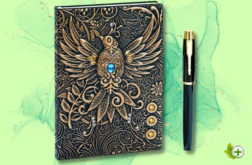 Embossed Leather Journal Writing Notebook in a post about Self Care Journals